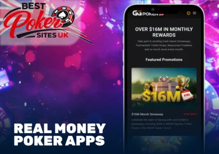 Real money poker app interface with GG Poker promotions on a mobile